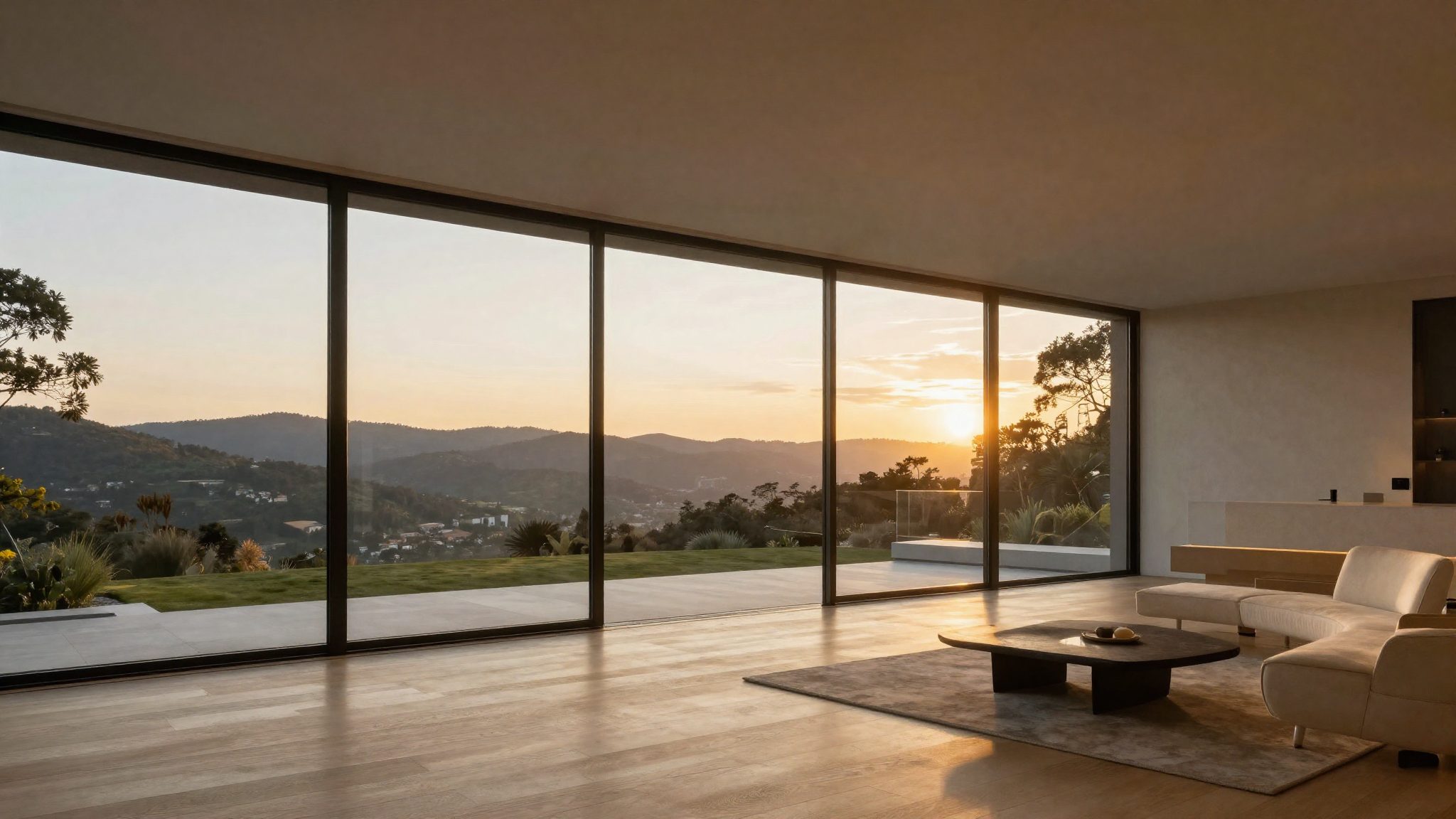 Interior view toward the hills at sunset